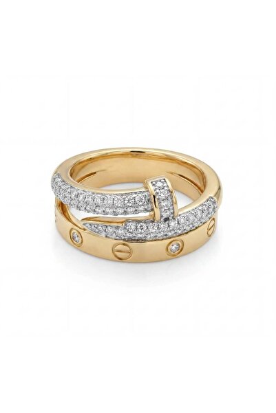 Swen Collection Silver Zirkon Taşlı Gold Çivi Yüzük