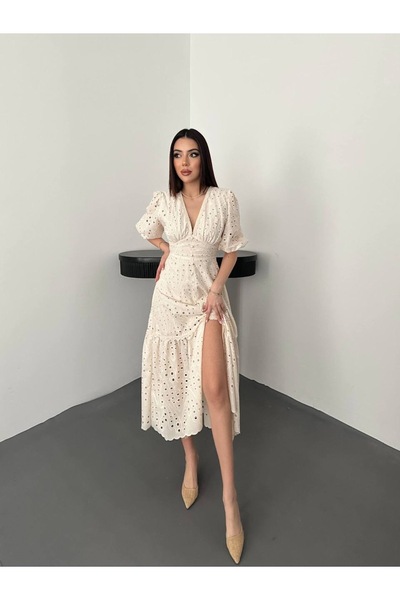 Ekim Store Fistolu V Yaka Dantelli Uzun Elbise