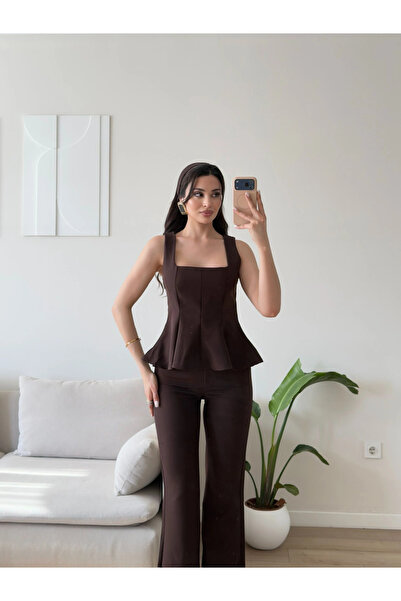 Zoom Butik Premium Volanlı Pantolon Takım - KAHVE