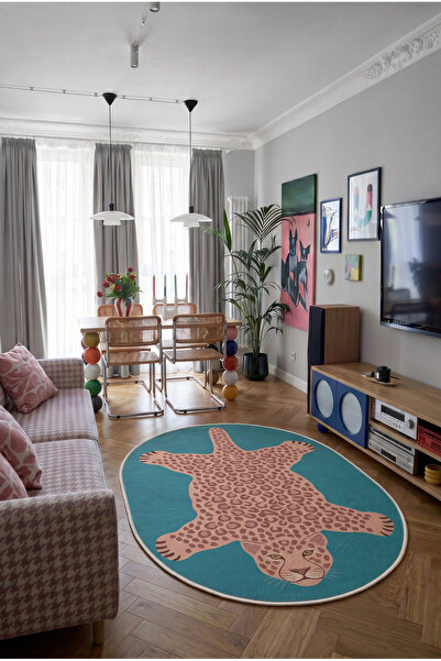 Arteluna Home Leopar 05 Mavi Pembe Leopar İnce Vintage Görünüm Şönil Dokuma O...