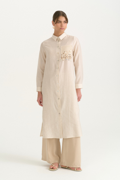 Nihan Sea Shell Detailed Shirt Collar Lyocell Tunic - Beige