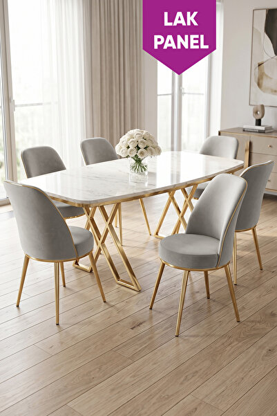 Canisa Peras Serisi 90x160 Lak Panel Beyaz Mermer Desen Gold Ayaklı Masa Takı...