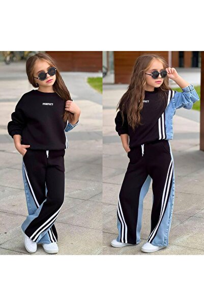 aykidsclup Girl's Denim Garnished Striped 2 Thread Tracksuit Set 43128-Y