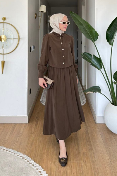 Tesettür Diyarı Yova modal fabric shirt - skirt hijab set - brown