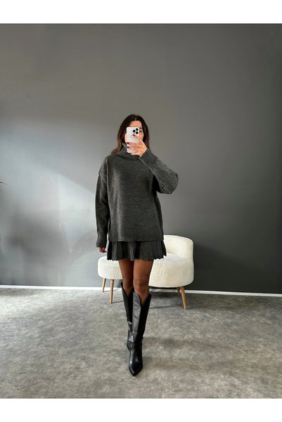 POİNE Women's Turtleneck Knitwear Skirted Stylish Top-And-Bottom Set