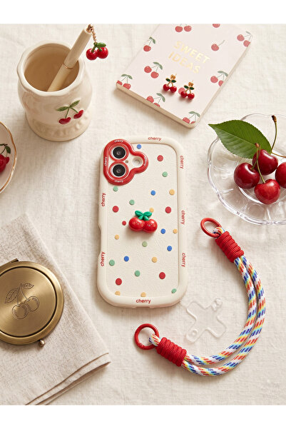 Innovate Store İphone 11 Uyumlu 3D Kiraz Figürlü Puantiyeli Krem Telefon Kılı...