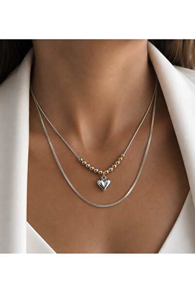 Markiz Takı Heart Detail Double Italian Chain Steel Necklace (45 cm 50 cm)