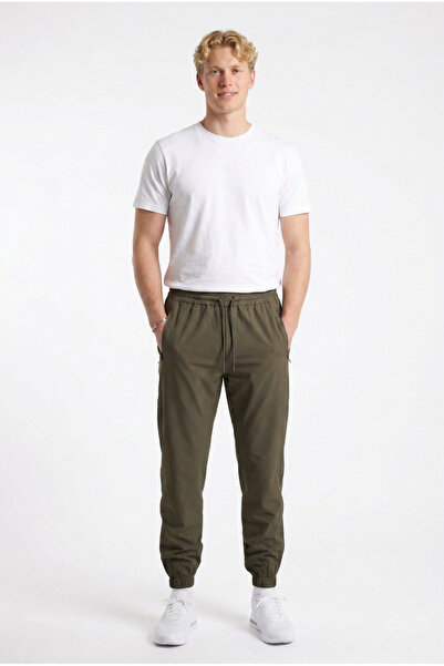 ELAFRO Men's Khaki Elastic Leg Parachute Flexible Jogger Pants with Zipper Po...