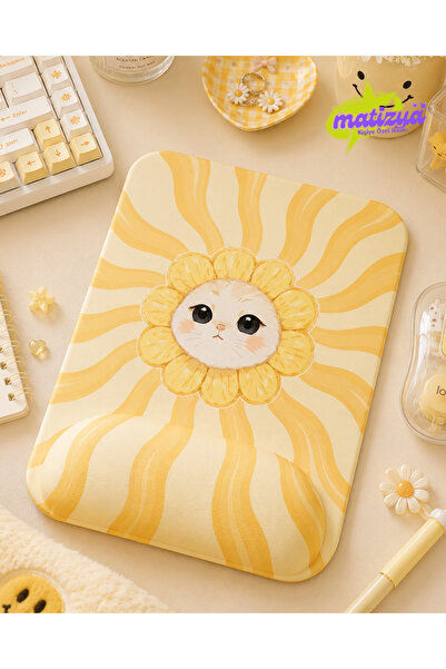 matizya Sunflower Cat Kare Bilek Destekli Mousepad 19x23 cm Cute Yellow Aesth...