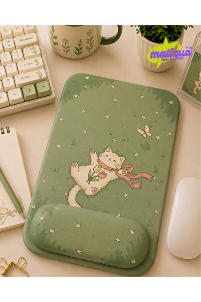 matizya Çiçekli Uyuyan Kedi Desenli Kare Bilek Destekli Mousepad 18x23 cm Yeş...