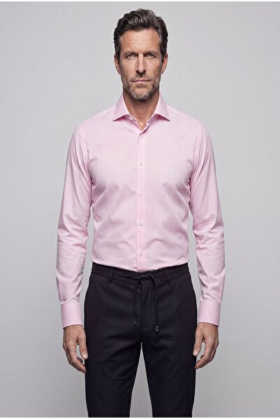 Bisse Pink Regular Fit Pocketless Long Italian Rock Shirt