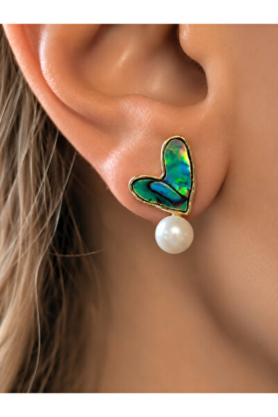 No Label Heart Earrings with Pearl and Abalone Mother of Pearl