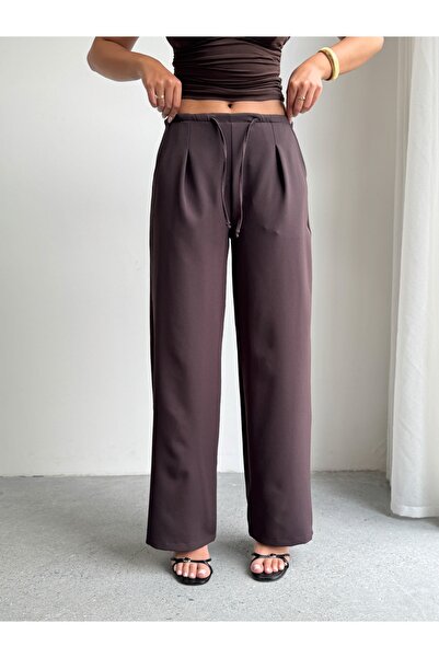 CrepTekstil Crep Women's Lace-Up Waistband Wide Leg Double Fabric Trousers Brown