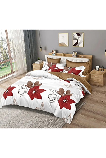 Sky Home Bedding set Finet 6 pieces, White/Brown with red flowers-KY10
