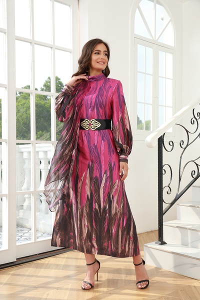 Independent Luxurious Midi Dress with Artistic Prints and Elegant Gold Belt