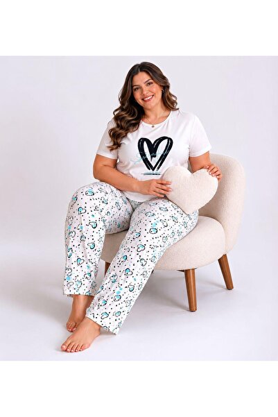 Kadın Büyük Beden Kalp Baskılı Kısa Kollu Pijama Takımı Beyaz Desenli Ev Giyim