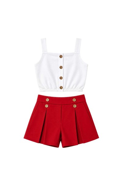 Nio Lua Girl's Buttoned A-Pile Shorts and Strap Badi Double Set