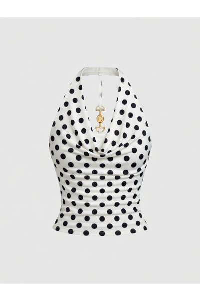 Wildco White Polka Dot Halter Neck Draped Crop Blouse Women's Blouse with Gold Accessory Detail