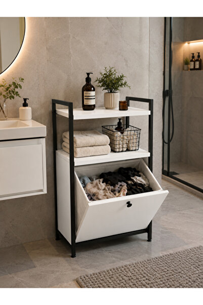 Lidya Luxury Concept Banyo Düzenleyici Mobilya Raflı Kirli Çamaşır Sepeti Organizeri Metal Ahşap Beyaz 100x50x40 cm