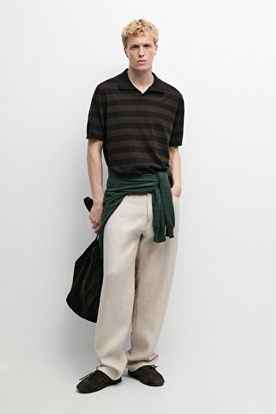 Massimo Dutti %100 pamuklu çizgili triko polo t-shirt