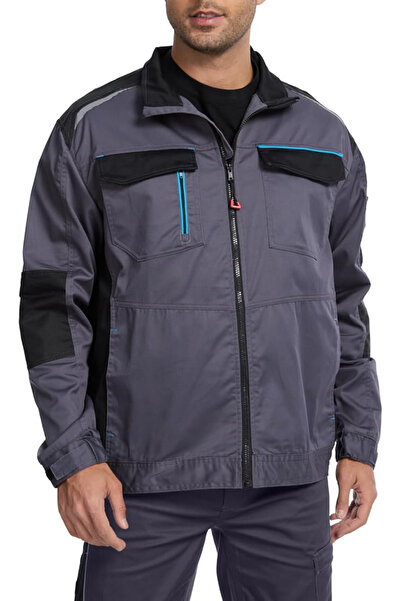 OEM Grey work jacket for men, reflective stripes, zipper and buttons, 3XL