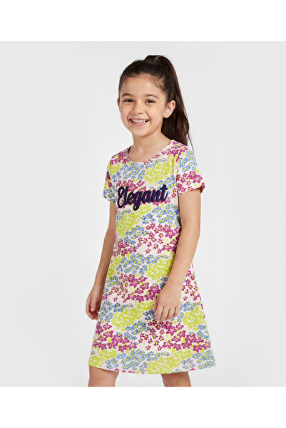 Pine kids Single Jersey Knit Half Sleeves Nighty with Floral Print - White