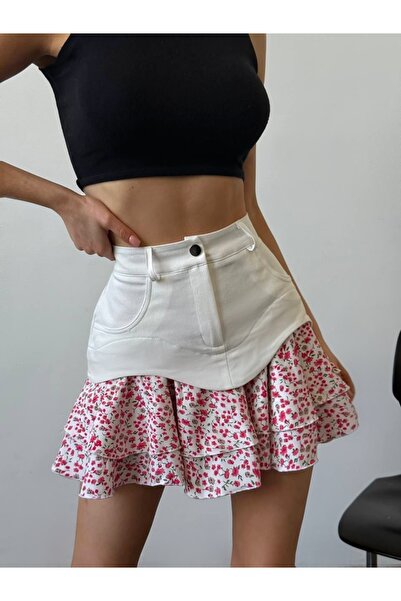 Elia Swimwear Women's Short Skirt in White Denim and Ruffles with Printed Raf...