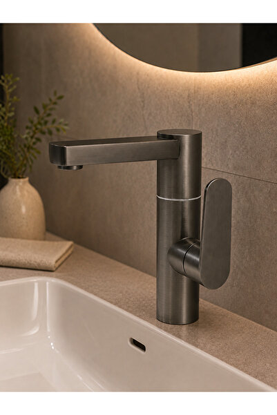 RALKEN Modern Silva Lavabo Bataryası | İnox Renk | 360 Derece Döner Borulu La...