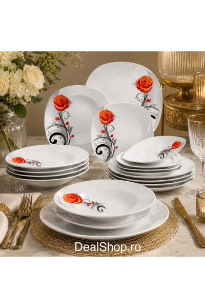 dealshopromania Set de veselă din porțelan 18 piese, Model Trandafir Irange, ...
