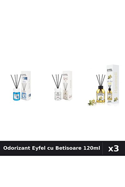 Eyfel Set 3 Odorizante Camera cu Betisoare 120ml - Cool Water, Bumbac, Mana M...