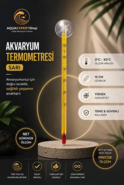 Aqua Expert Akvaryum Termometre - Sarı - Hassas Ölçüm - Cam Termometre - 0/50...