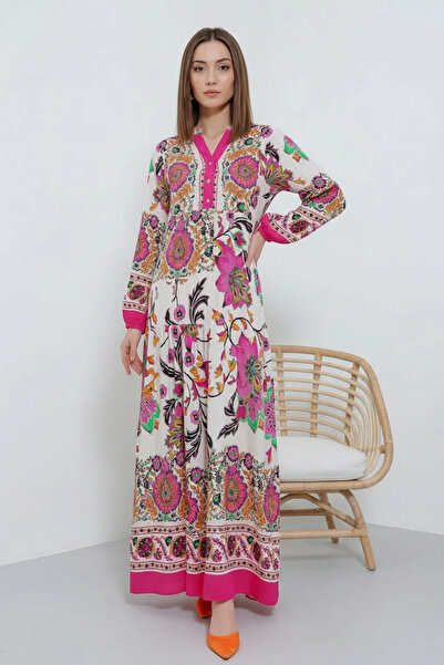 buğrahayalin Women's V-Neck Gathered Waist Floral Patterned Viscose Fuchsia C...