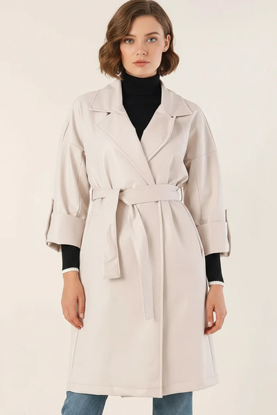 buğrahayalin Women's Shirt Collar Belted Ecru Trench Coat