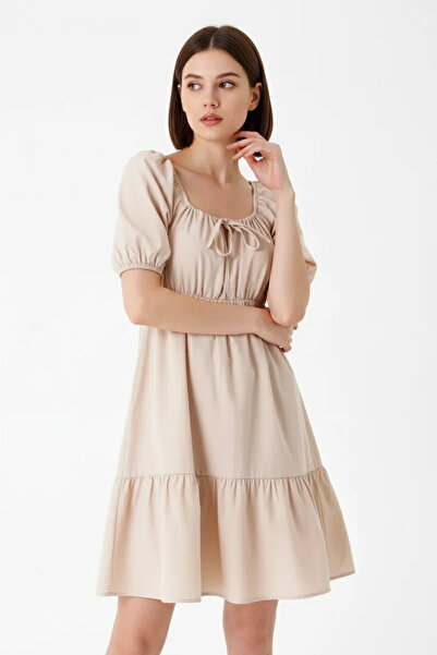 Generic Brand Women's Square Neck Gathered Waist Flared Ruffle Hem Cotton Bei...