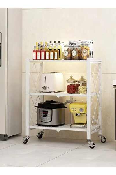 ENAR 3-Tier Foldable Storage Shelf with Wheels, Metal Collapsible Kitchen Org...