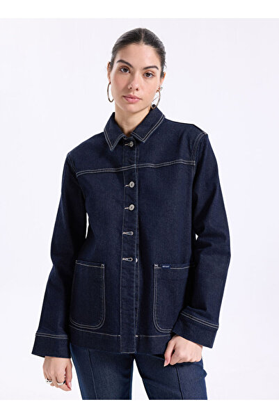 Mustang Lacivert Kadın Relaxed Yıkamalı Denim Ceket M5WL-CKT1202