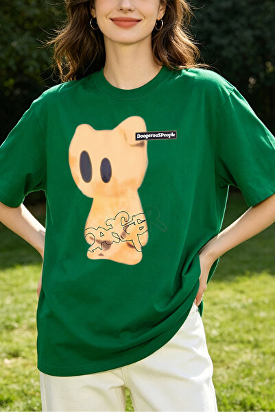 Fleck Womens T Shirts Cat Face Print Oversized Casual Style Green Color Trend...