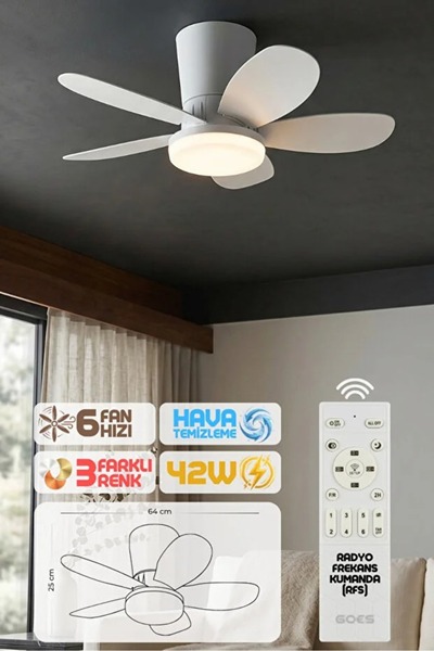 kozo-f 64cm Modern Goes Uzaktan Kumandalı 5 Kanatlı Tavan Vantilatörü Ve Led ...
