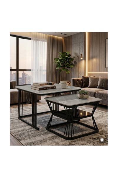 luxino Squar Nesting Coffee Table Set - 2 Pieces ,gray Marble Top & Geometric...