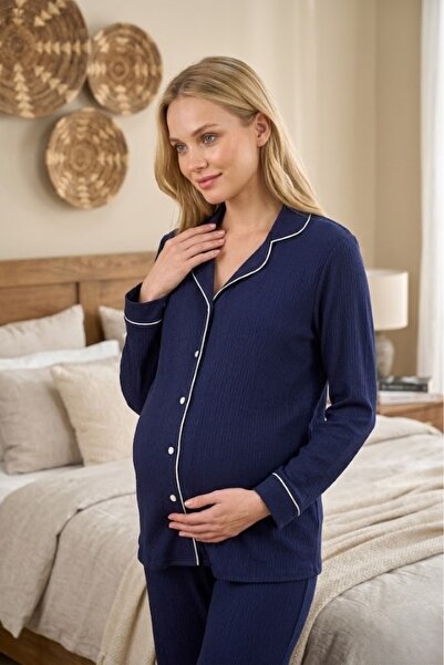 Lohusa Dünyasi Women's Navy Blue Ribbed Front Buttoned Baby Collar Maternity ...
