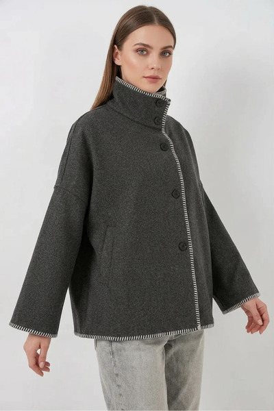 buğrahayalin Women's Stand Collar Embroidered Cotton Anthracite Jacket