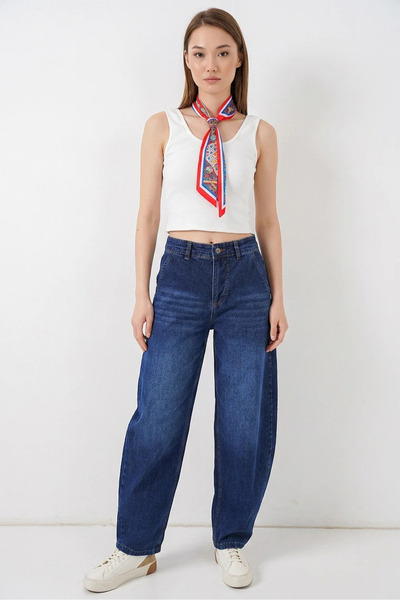 Efnaz style Women's High Waist Wide Leg Cotton Navy Blue Trousers