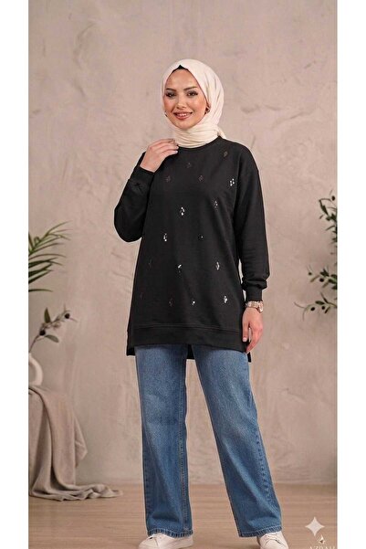 PEKA Women's Sequin Embroidered Crew Neck Sweatshirt with Side Slits - Tunic