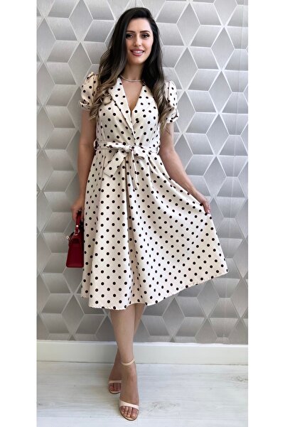 styleFlex Elegant Polka Dot Day Dress with Stretchy Waist and Drawstring
