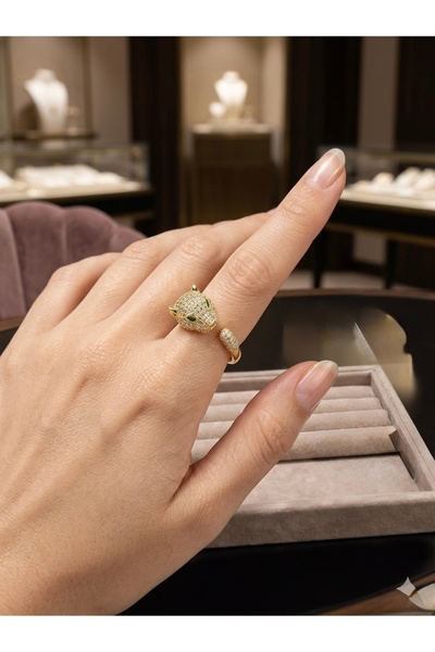 Fashion Rings AYARLANABİLEN Gold Leopar Figürlü Zirkon Taşlı Kadın Yüzük