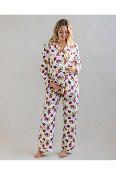 Organik Pamuklu Emzirme Özellikli Hamile & Lohusa Pijama Takımı – Makaron Desenli