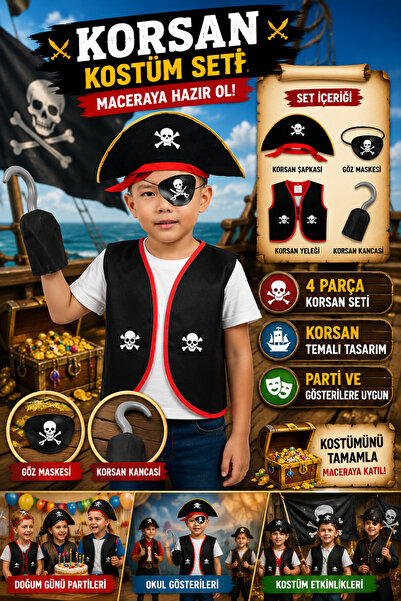 Tamsena Store Çocuk Korsan Kostüm Aksesuar Seti Yelek Şapka Göz Bandı Kanca P...