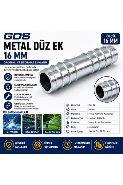 GENERAL GDS 16 mm Metal Düz Ek Hortum Bağlantı Parçası Galvaniz