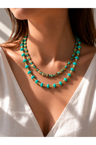Liva Group Atelier 2-Piece Turquoise Beaded Combination Necklace with Gold De...