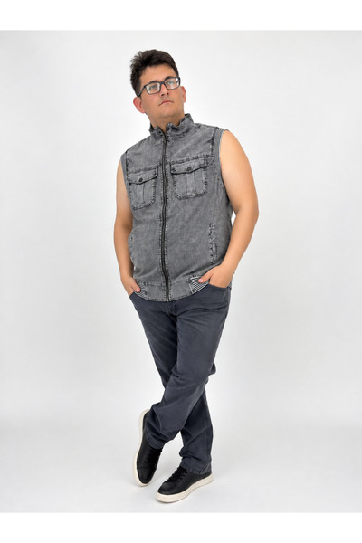 Ramon Miele Large Size Denim Stand Collar Zipper Pocket Bomber Men's Vest